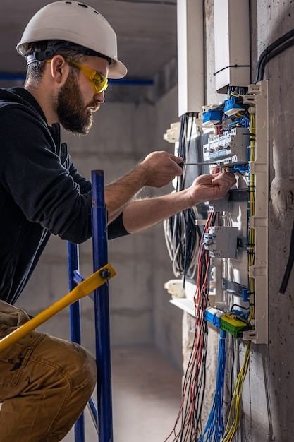 Free Photo _ A male electrician works in a switchboard with an electrical connecting cable